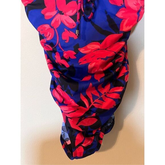 Aqua Green Size M One Piece Cinch Front Swimsuit Royal Blue Pink Tropical Floral - Picture 8 of 10